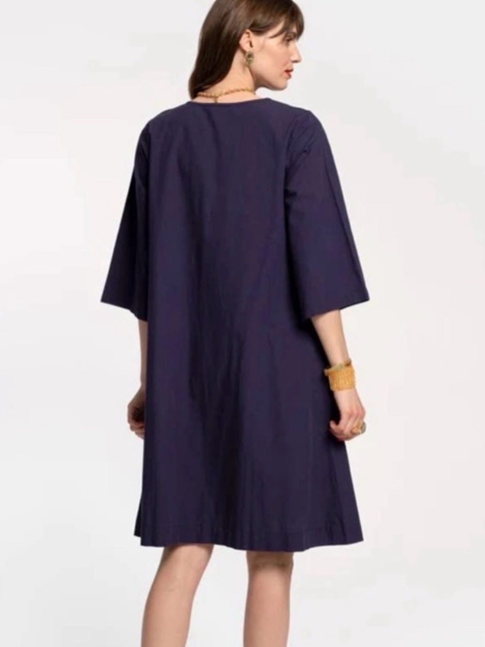Frances Valentine Easy Dress Cotton Split Neck Tunic Caftan Shift Navy 1X - Picture 4 of 11